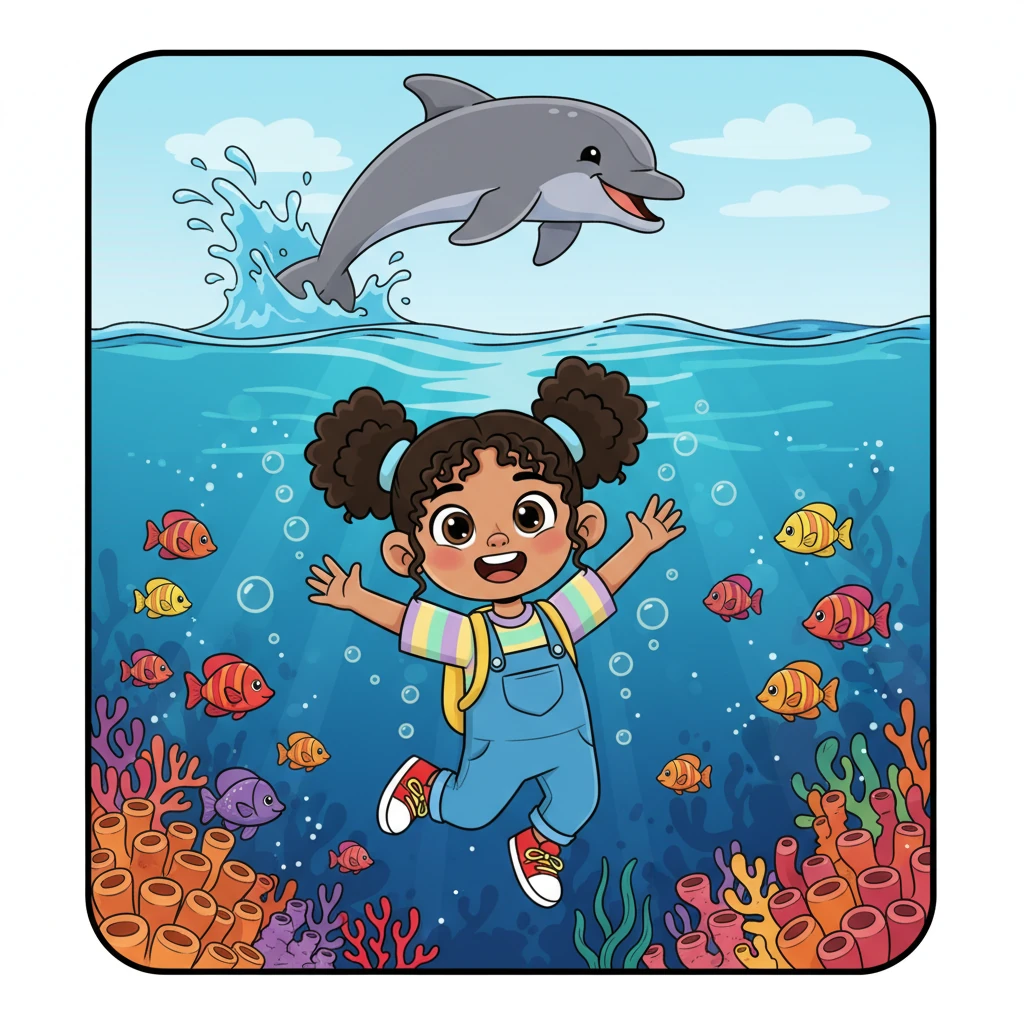 Splash! Maya dives into the sparkling blue ocean, surrounded by colorful coral reefs. A playful dolphin, with a sleek grey body and a happy grin, leaps out of the water. Dolphins are very smart marine mammals that eat fish and squid, and they communicate with each other using clicks and whistles.