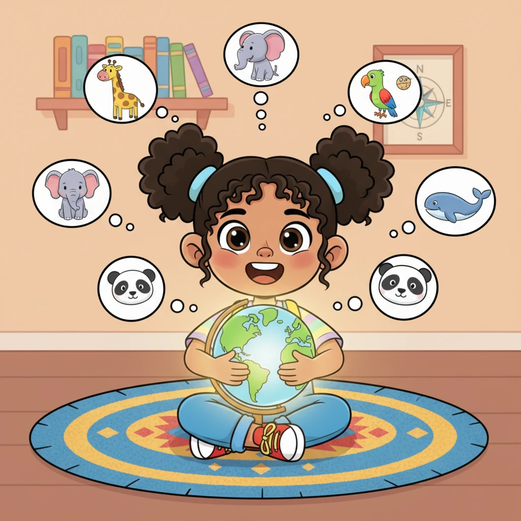 Back home, Maya sits on her rug, hugging her magical globe, her mind buzzing with amazing animal facts. Her adventure was full of wonder and new friends from every corner of the world. She can't wait to learn even more about our planet's incredible creatures tomorrow!