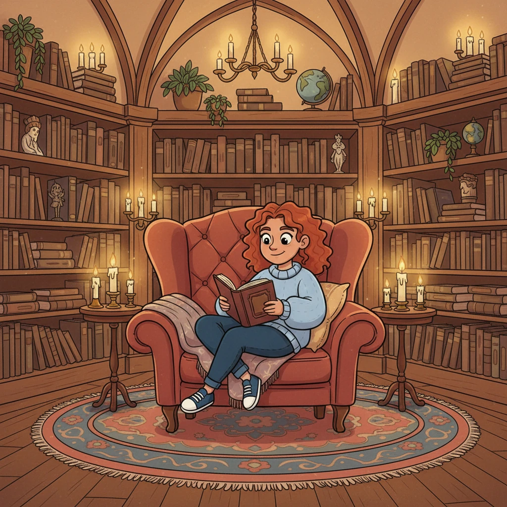 Elara snuggled deep into a plush armchair in the grand, vintage library, surrounded by towering bookshelves. Her cozy sweater and worn jeans felt perfectly at home among the ancient tomes, bathed in the soft, warm glow of countless candles.