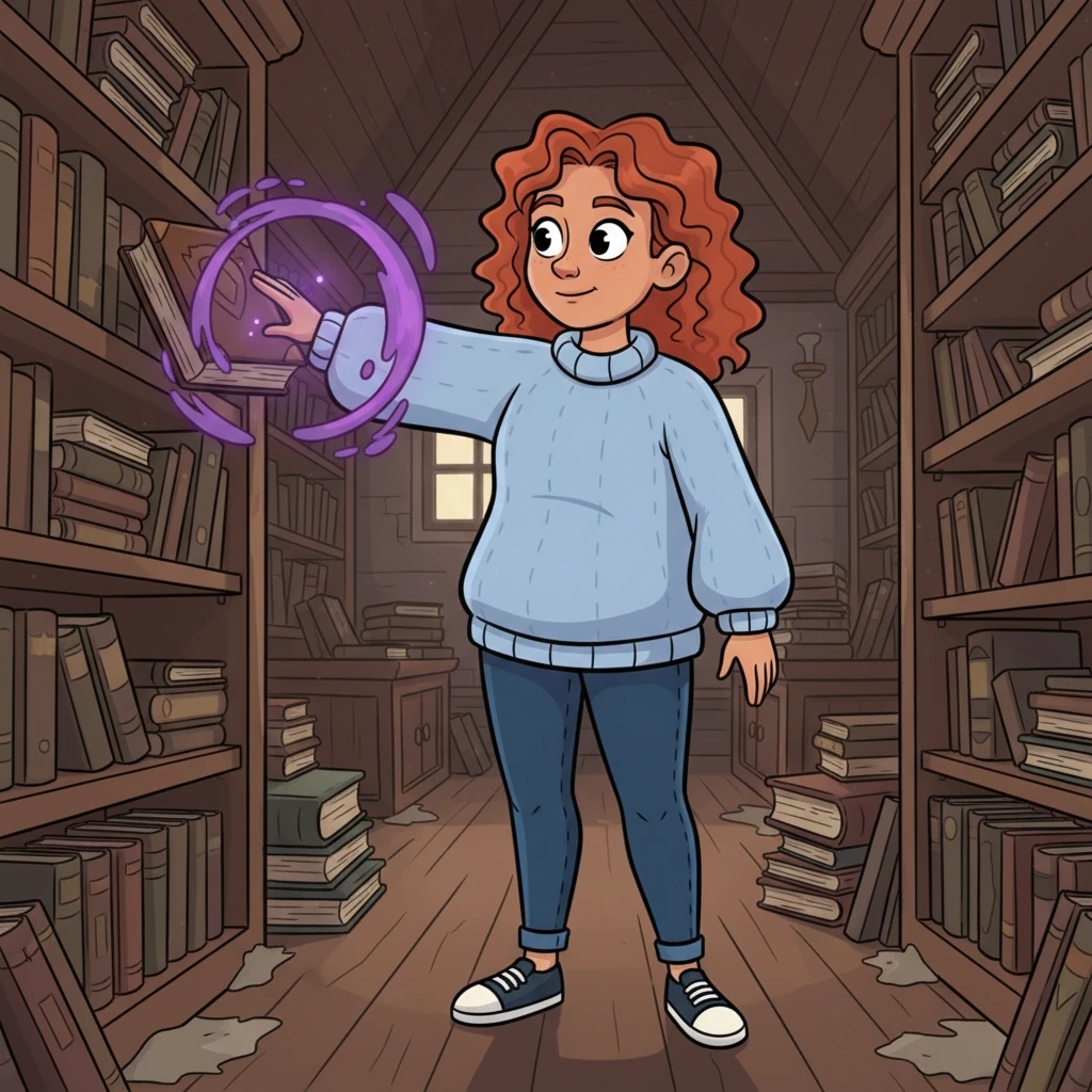 As she reached for a dusty old book, a faint, shimmering violet light sparked around her fingertips. It swirled gently, like tiny whispers of magic, tickling her skin and making her eyes widen just a tiny bit.