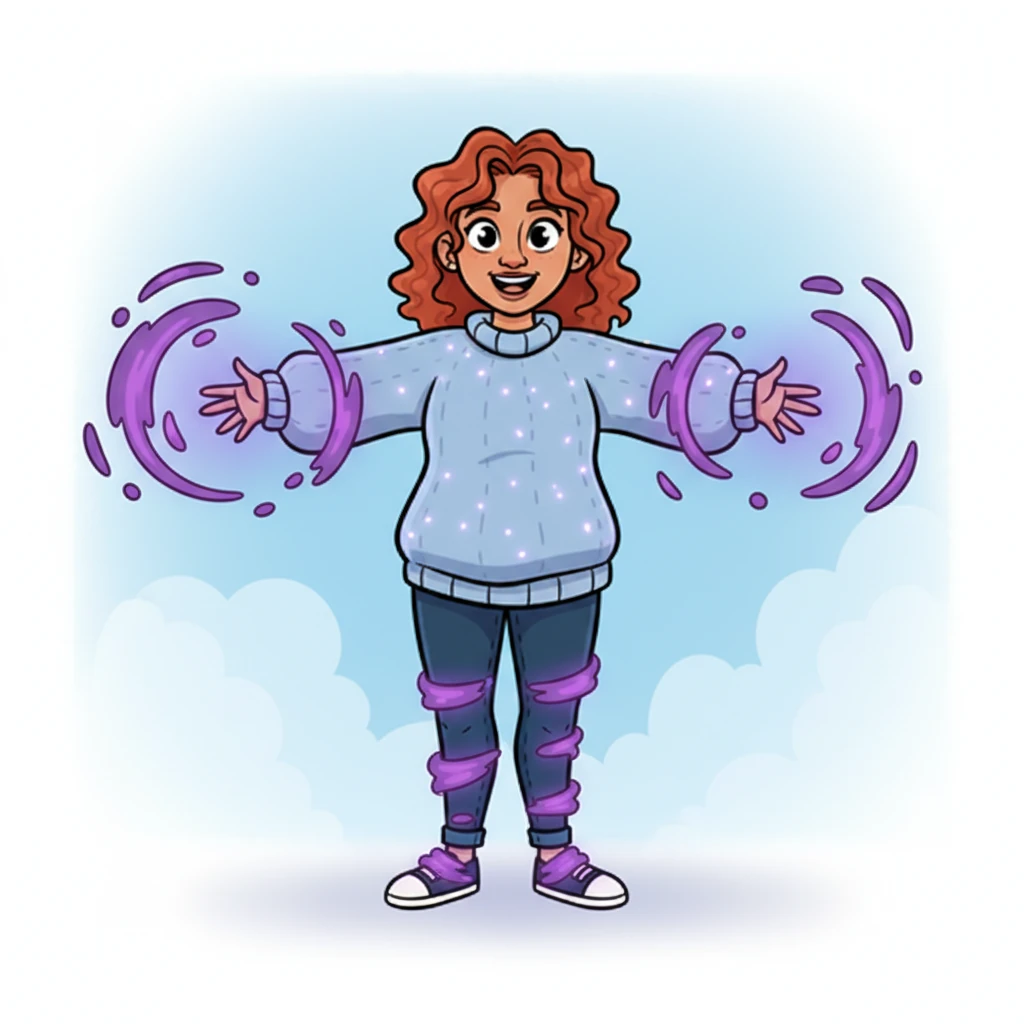 The violet glow intensified, wrapping around her arms and legs in playful, swirling patterns. Her comfortable sweater began to shimmer, the knitted threads loosening and glowing with an ethereal light.