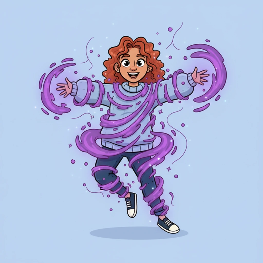 Faster and faster, her everyday outfit unraveled, each thread detaching and floating upwards like tiny, luminous fireflies. Her jeans and sweater dissolved into a swirling cloud of glowing, violet fibers around her.