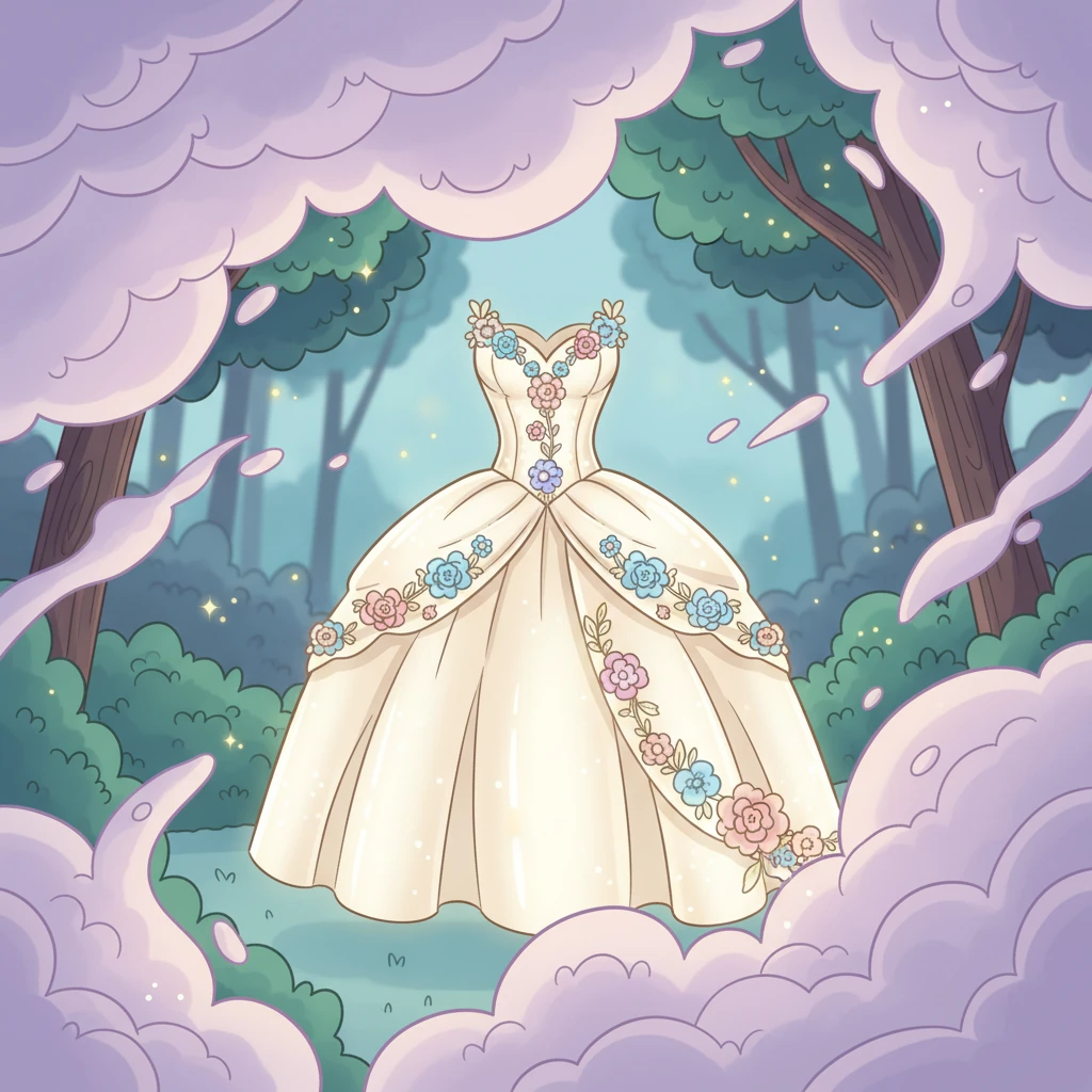The magical cloud slowly began to clear, revealing the exquisite bodice of a magnificent ballgown. Made of lustrous satin, it shimmered with an inner light, already adorned with delicate, glowing floral motifs.