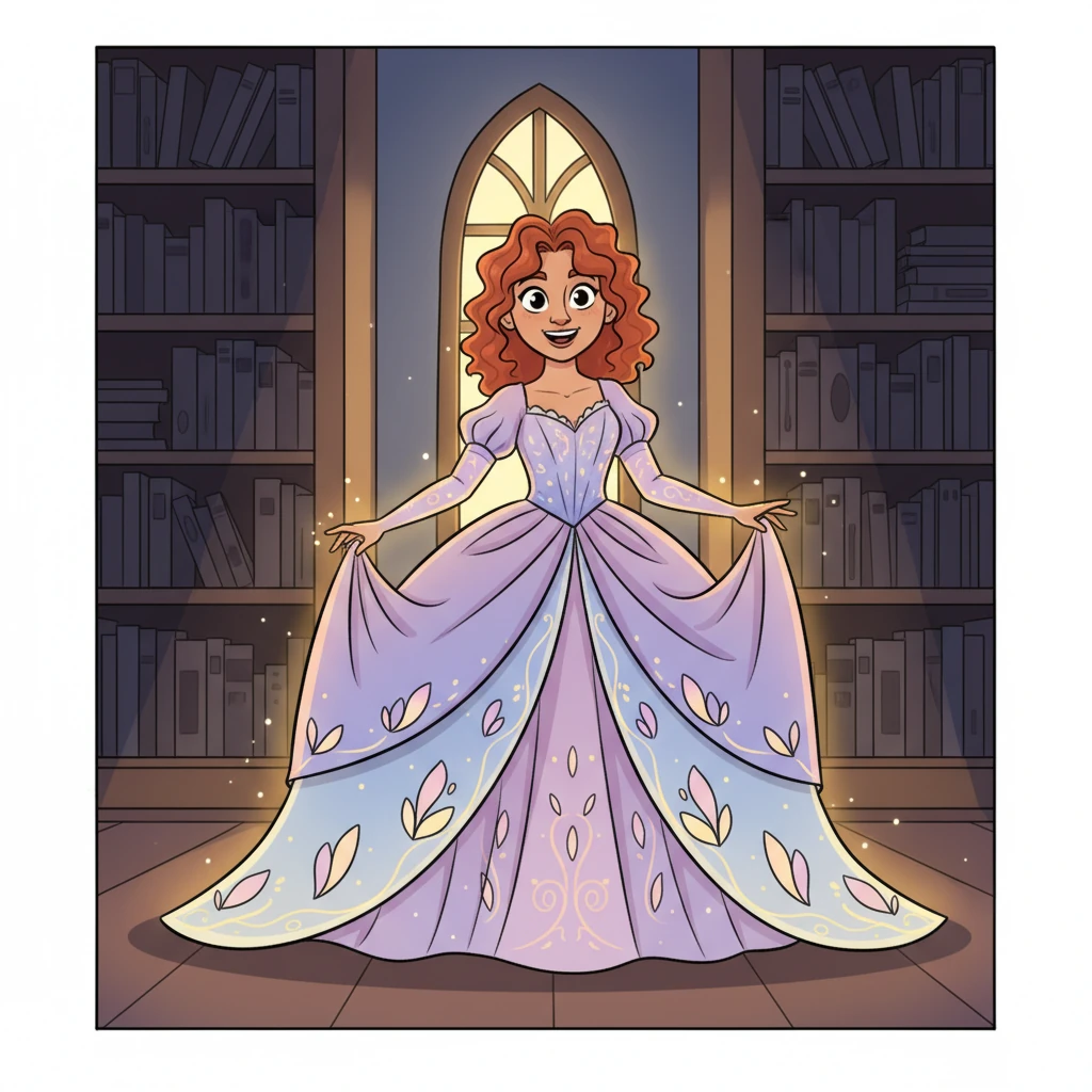 With a gentle flourish, the transformation completed itself. Elara now stood in a stunning, flowing ballgown, its skirt cascading around her like a dream. Every seam and petal on the gown glowed softly, illuminating the dim library.