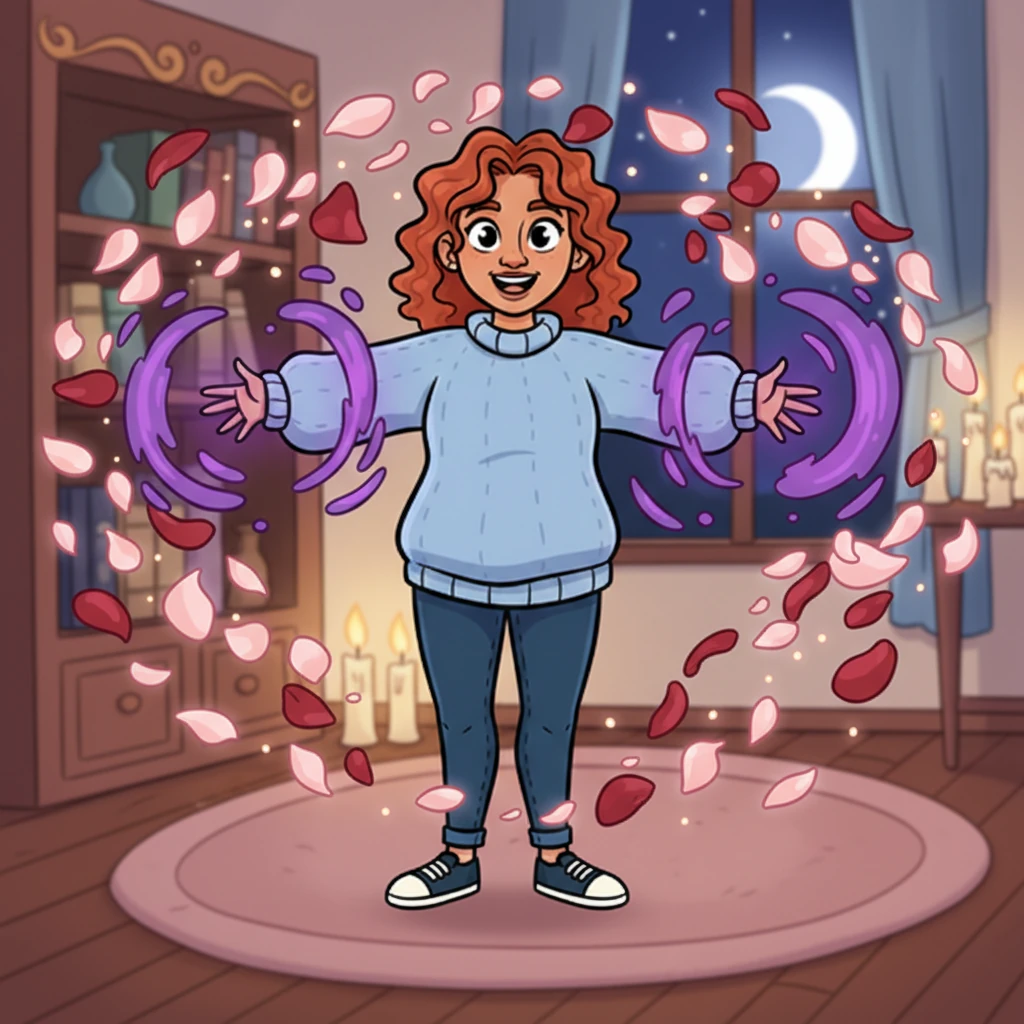 As if conjured by the magic itself, soft, luminous rose petals began to drift weightlessly around her. They danced in the air, catching the warm candlelight and adding a breathtaking touch to the enchanting scene.