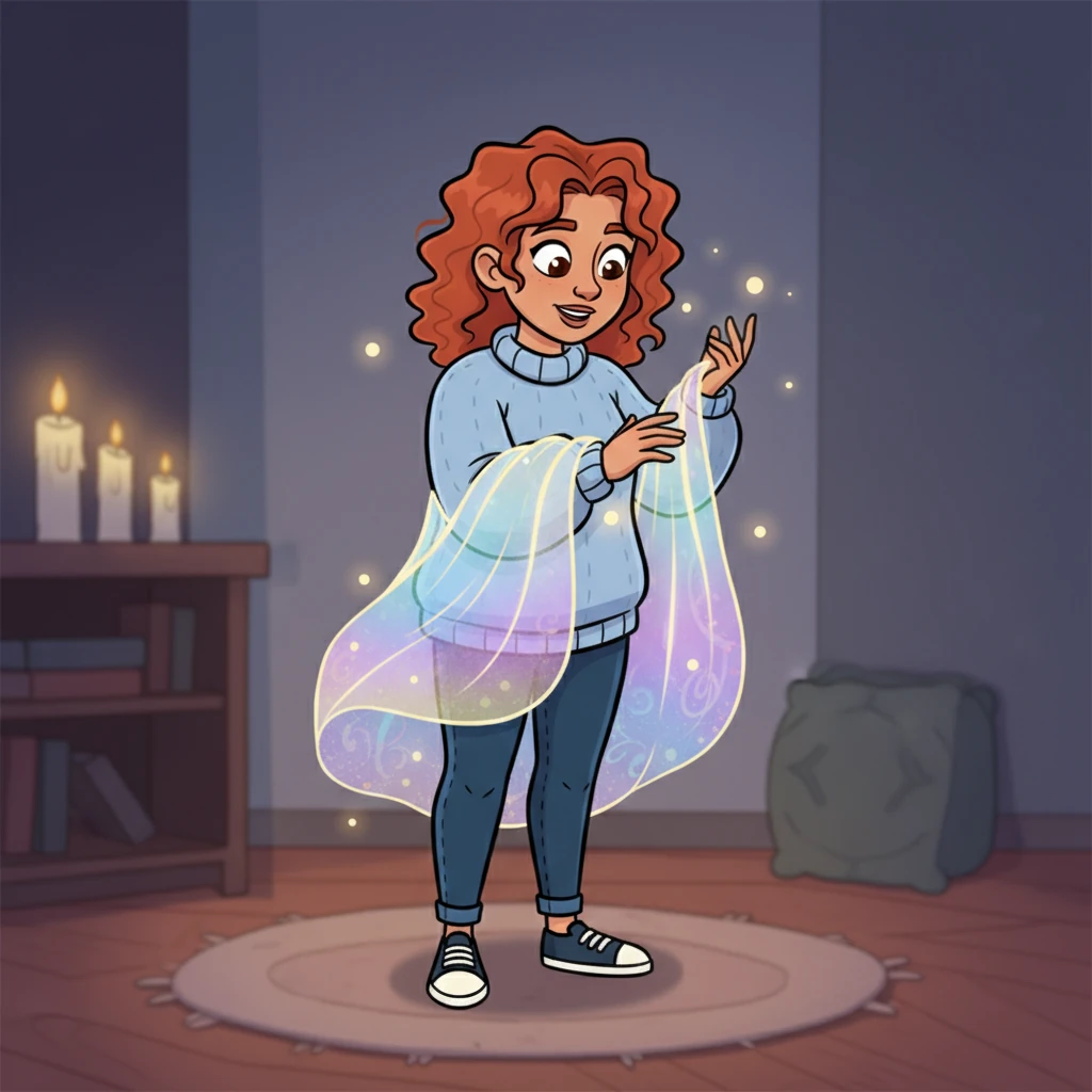 Elara looked down at her transformed self, her hands delicately touching the shimmering fabric. Her eyes, wide with pure wonder, reflected the soft glow of the candlelight and the magic that now surrounded her.