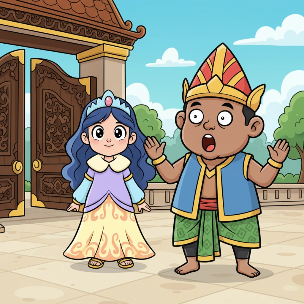 Seorang pengawal terkejut melihat Putri Purbasari telah kembali ke istana. Matanya terbelalak lebar, hampir melompat keluar dari rongganya. Wajahnya menunjukkan ekspresi tak percaya yang lucu, dengan mulut menganga.