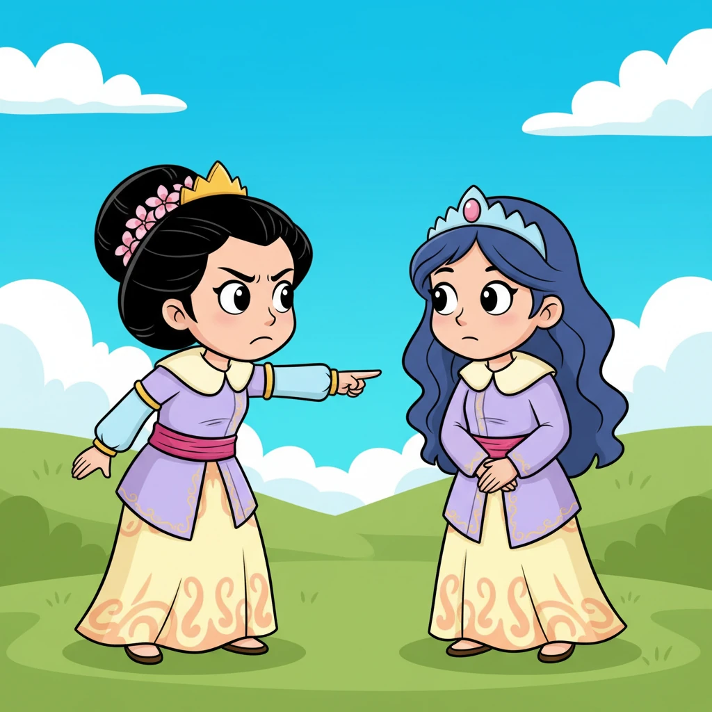 Purbararang, dengan ekspresi cemburu yang jelas, mendekati Purbasari. Ia menunjuk dengan jari telunjuknya, menanyakan bagaimana Purbasari bisa kembali menjadi cantik jelita. Wajah Purbararang tampak kesal dan sedikit cemberut.