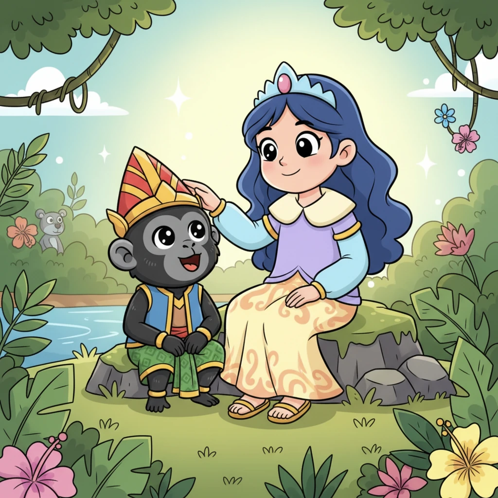 Purbasari tersenyum manis, mengelus lembut kepala Lutung Kasarung yang duduk di sampingnya. Ia menjelaskan bahwa semua keajaiban ini berkat bantuan Lutung Kasarung. Lutung Kasarung menatap Purbasari dengan mata berbinar penuh kasih sayang.