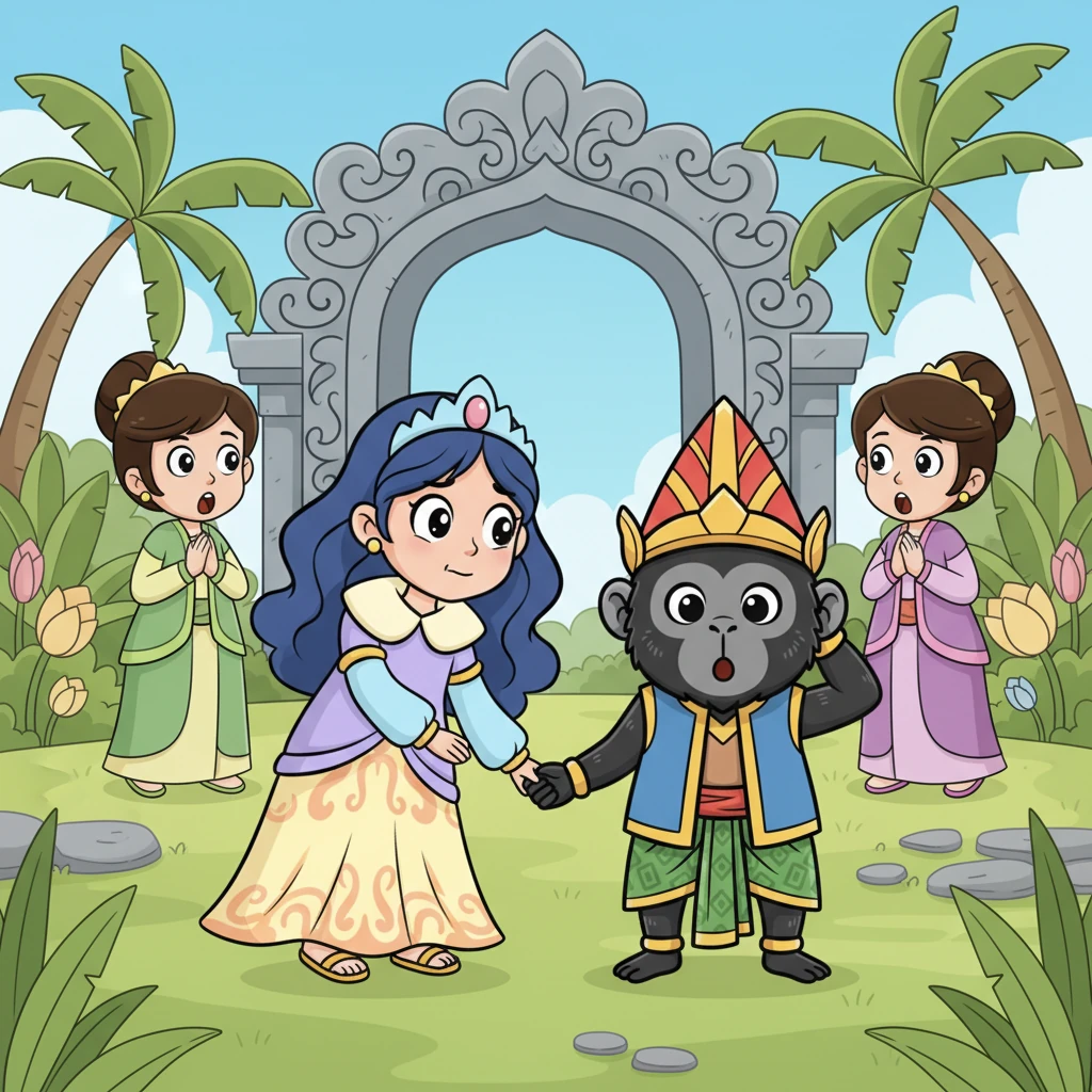 Purbasari merasa sedikit gelisah, namun ia memberanikan diri menarik Lutung Kasarung ke sampingnya. Dengan malu-malu, ia memperkenalkan monyet itu sebagai tunangannya. Lutung Kasarung terlihat sedikit canggung namun tetap setia di sisi sang putri.