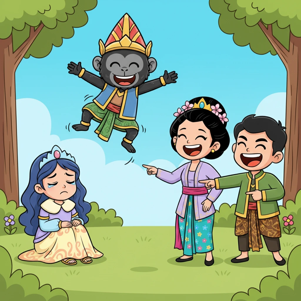 Lutung Kasarung melonjak-lonjak riang, seolah-olah ingin menenangkan Purbasari. Purbararang dan Indrajaya tertawa terbahak-bahak, menunjuk-nunjuk Lutung Kasarung dengan ekspresi meremehkan. Suasana menjadi riuh dengan tawa jahat mereka.