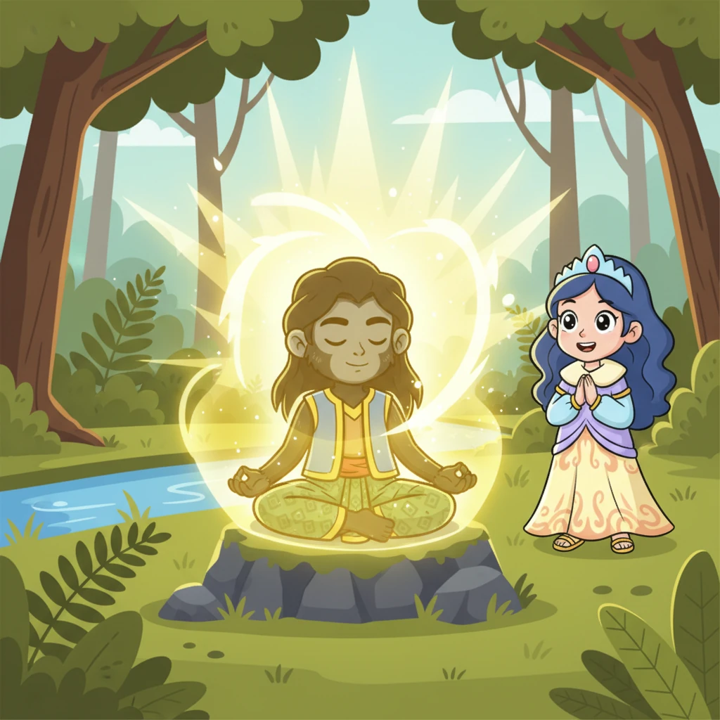 Lutung Kasarung kemudian duduk bersila, matanya terpejam dalam semedi. Tiba-tiba, cahaya keemasan yang terang benderang menyelimutinya. Perlahan, wujud monyet itu berubah, membesar, dan mengambil bentuk seorang pemuda yang sangat tampan.