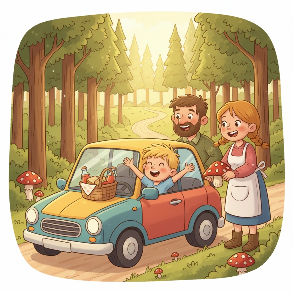 Päike paistis ja ilm oli ilus. Pere pakkis korvi võileibade ja mahla jaoks. Nad istusid autosse ja sõitsid metsa poole, Mihkel oli väga põnevil.