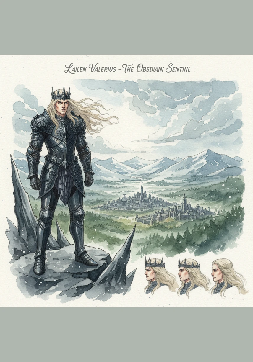 Kaelen Valerius stands atop the Obsidian Peaks of Aethelgard, looking out over the golden Ash-Savannahs where massive megafauna graze beneath the smoke of active volcanoes. The high-energy ecosystem hums with life, a stark contrast to the brewing storms of the distant east.