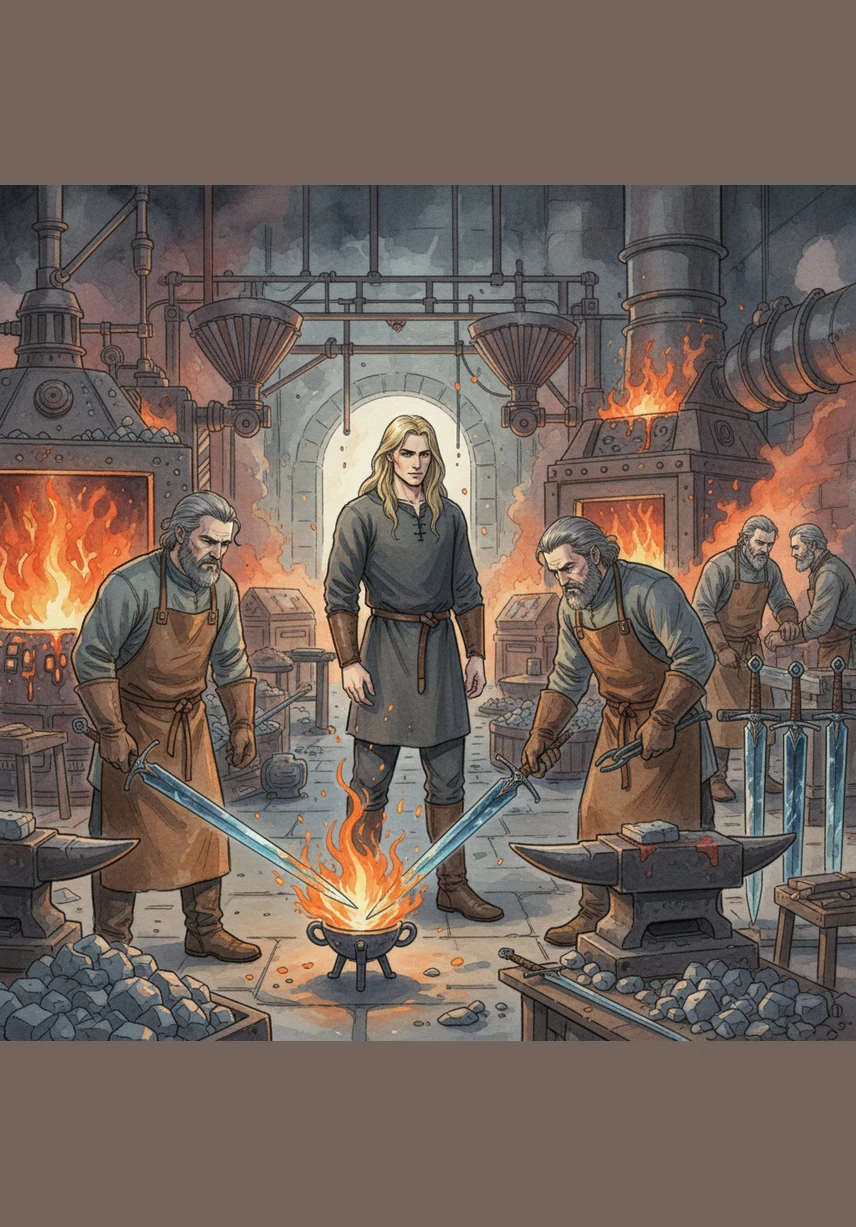 Deep within the Cinder-Spine foundries, Kaelen watches as master smiths forge shimmering blue-black Stellanium blades, quenching the iridescent metal in the concentrated heat of dragon-fire. These weapons, lighter and harder than Valyrian steel, represent the pinnacle of Aethelgardian ingenuity.