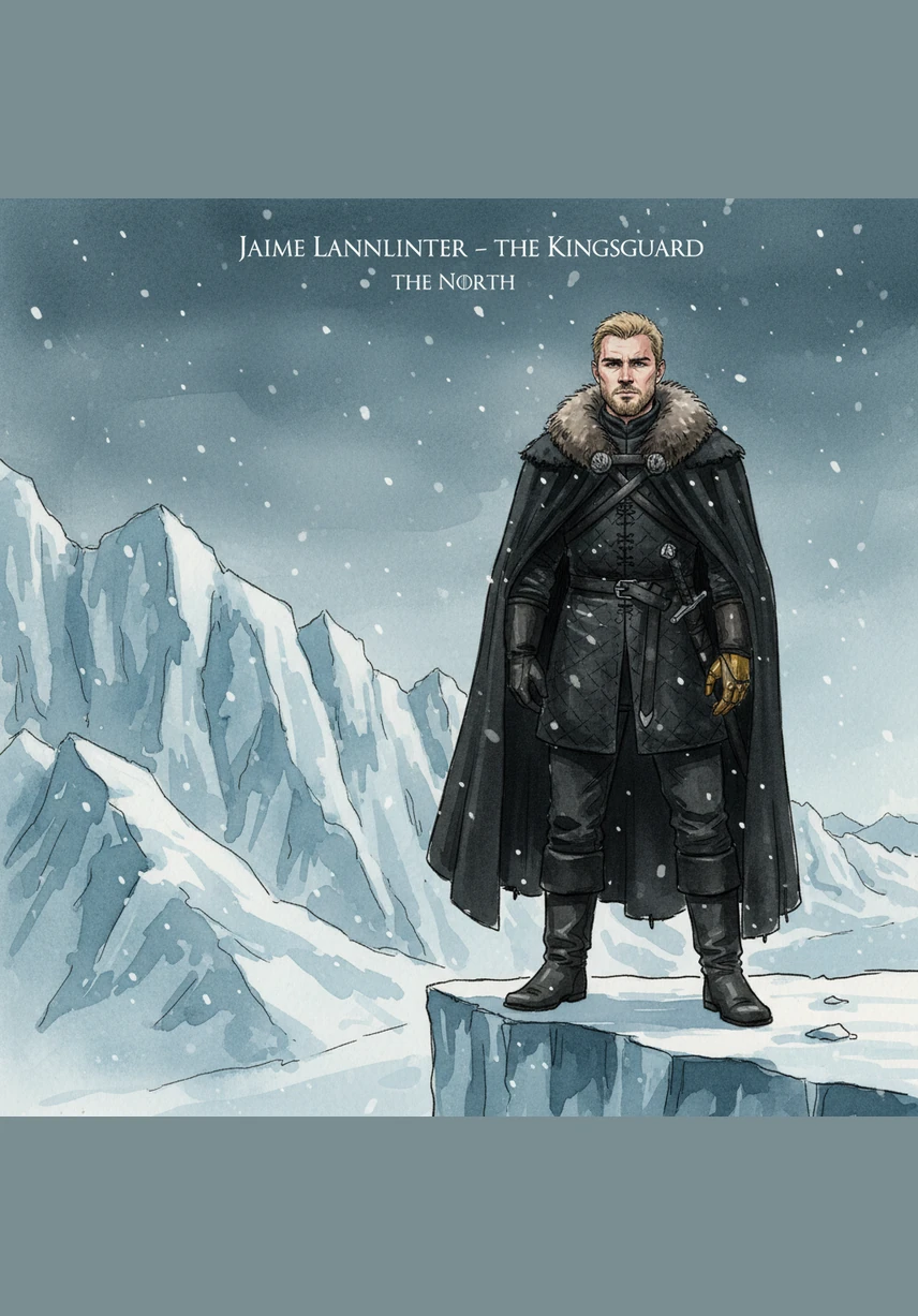 At the Wall, Jaime Lannister stares into the frozen north, his golden armor replaced by the rough black wool of the Night’s Watch. He is haunted by the memory of the king he slew for vengeance and the child he left behind with Cersei in the Tully lands.