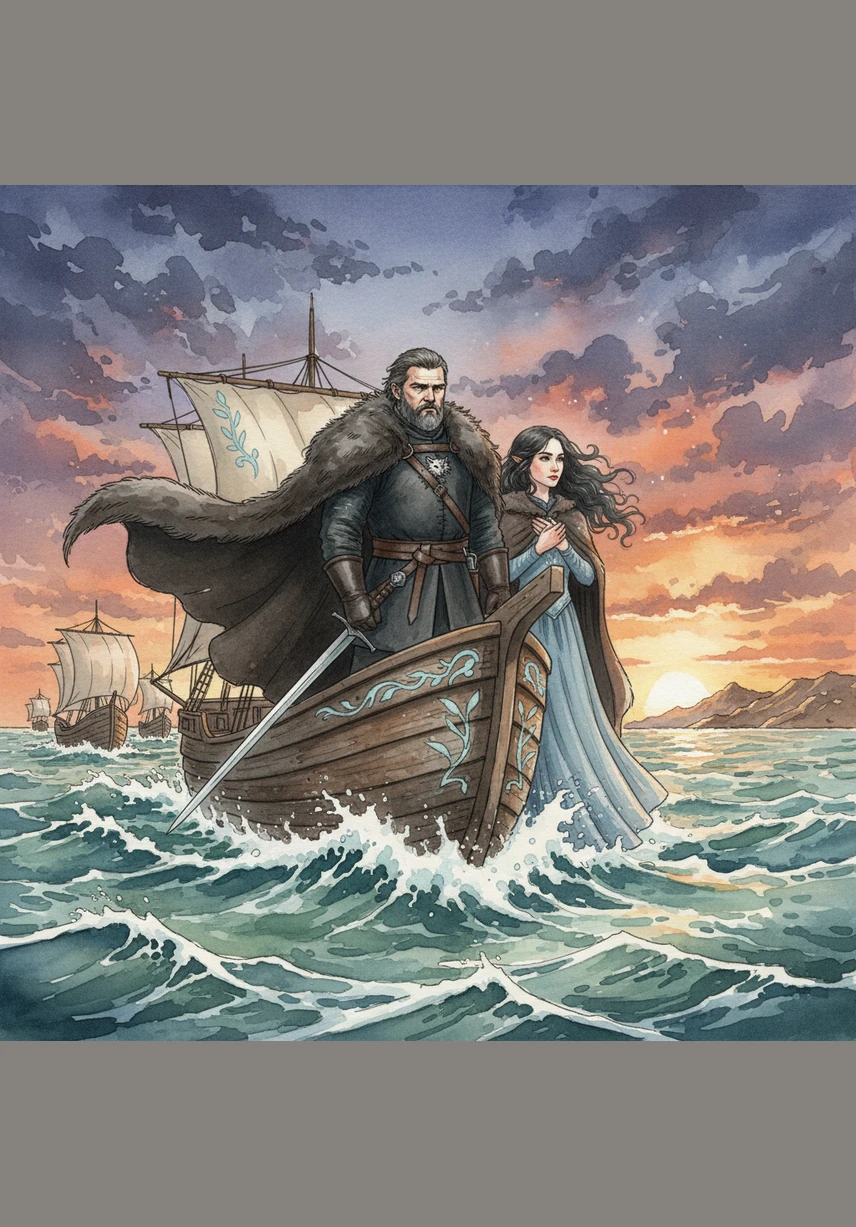 The Aethelgardian fleet cuts through the waves of the Sunset Sea, their ships powered by advanced navigation and guarded by Griffin riders circling in the clouds above. Kaelen stands at the prow of the flagship, carrying an offer of alliance that will change the face of Westeros forever.