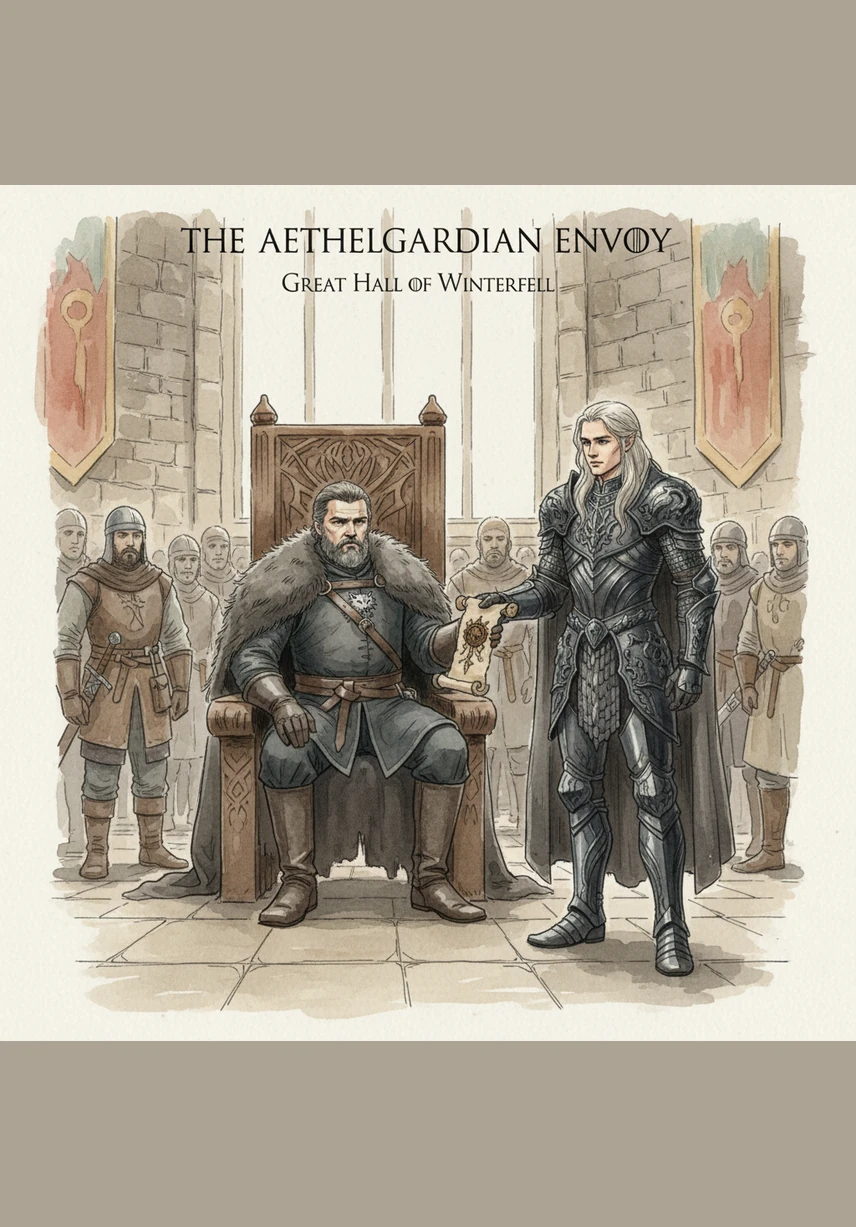 Ned Stark receives the Aethelgardian envoy in the Great Hall of Winterfell, his hand resting on the hilt of Ice as he listens to tales of a continent of fire and steel. The North is weary of war, but the arrival of these strangers brings a hope that is as cold and sharp as the winter wind.