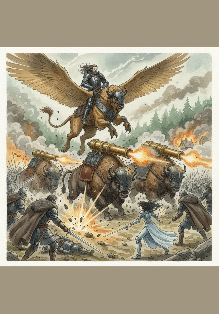 Kaelen takes to the sky on a golden-winged Griffin, leading a precision strike against the rebel forces while Volcano-Core cannons unleash earth-shaking fire from the backs of Great Bison. The primitive plate armor of the Westerosi knights offers no protection against the power of Stellanium and gunpowder.