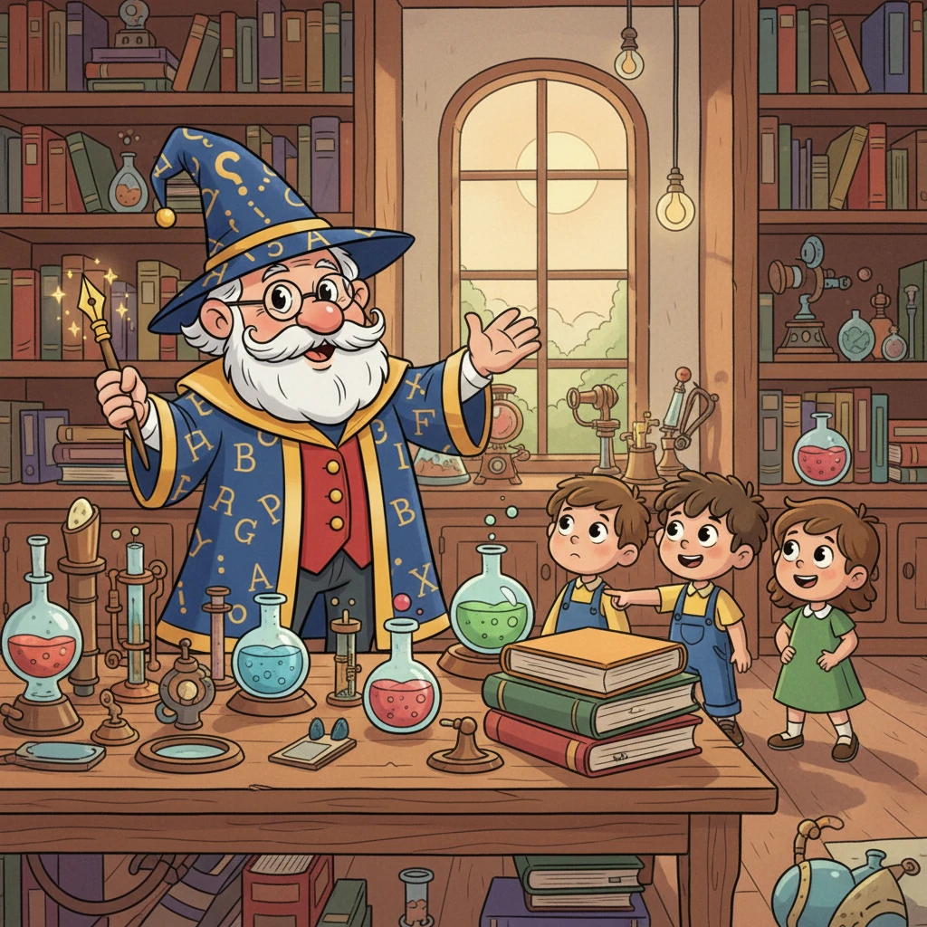 Maestro Nomi, un simpatico omino con un cappello a punta e occhiali brillanti, saluta un gruppo di bambini curiosi nel suo laboratorio magico. Le pareti sono piene di libri colorati e strani strumenti luccicanti. Oggi impareranno a dare un nome a tutto.