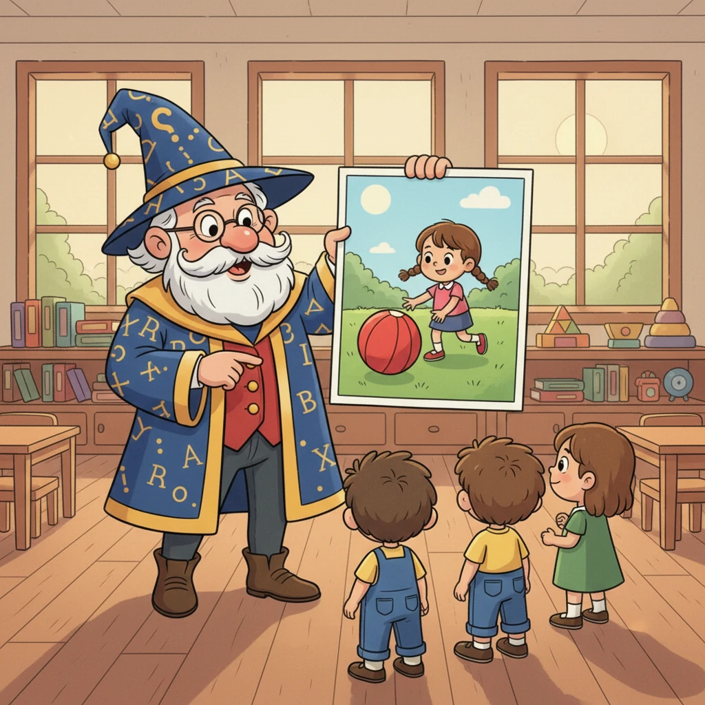 Maestro Nomi mostra una grande immagine di una bambina che gioca con una palla rossa. "Chi è questa?" chiede con un sorriso. I bambini rispondono "Una bambina!".