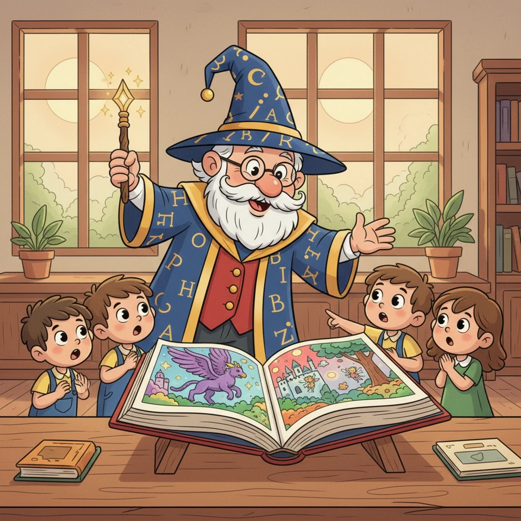 Successivamente, appare un'immagine di un libro aperto con illustrazioni fantastiche. "Cosa tiene in mano la bambina della prima immagine?". I bambini esclamano "Un libro!".