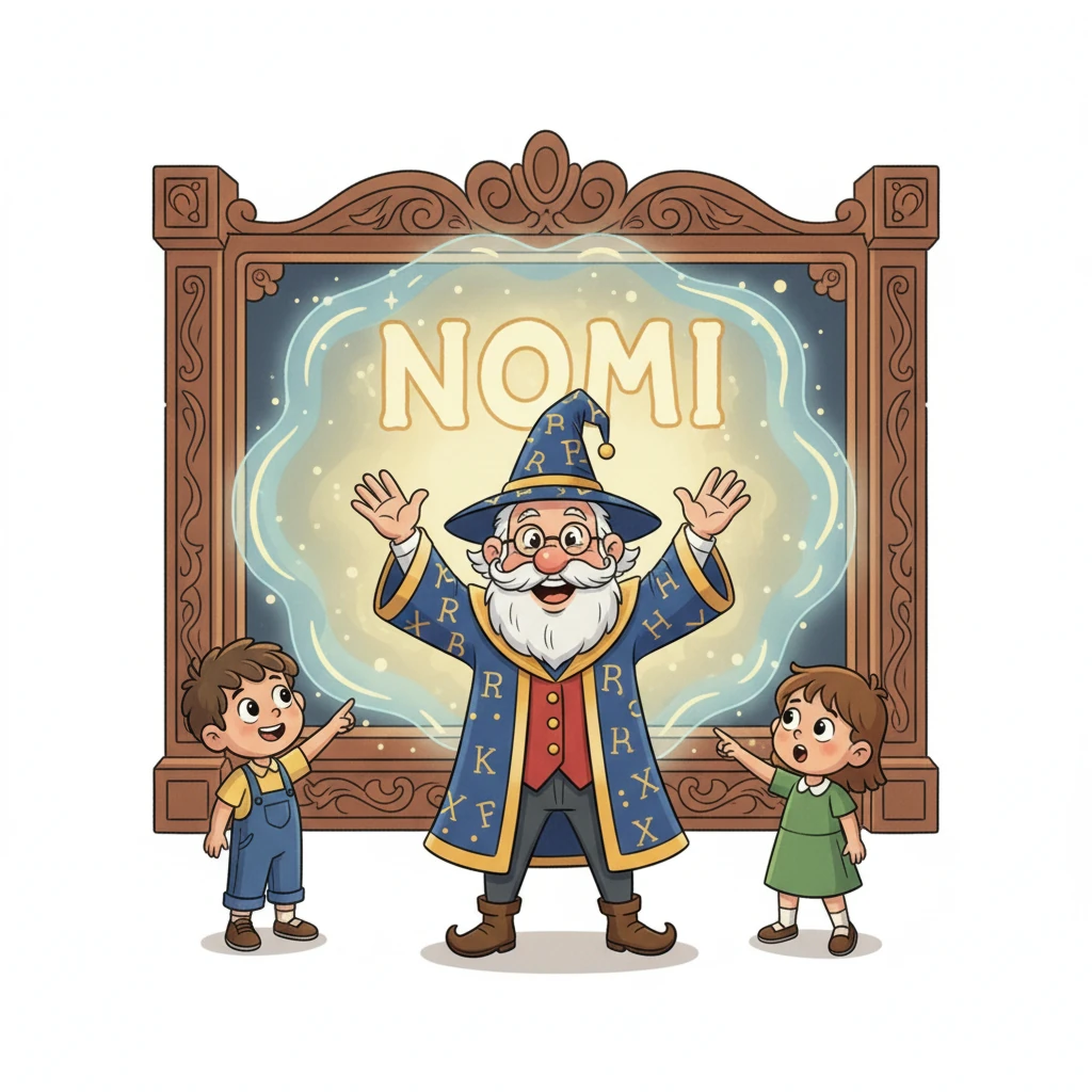Maestro Nomi batte le mani con gioia. "Bravissimi! Avete appena scoperto che ogni persona, animale, cosa e luogo ha un suo nome. Queste parole speciali si chiamano NOMI!". Un'aura luminosa circonda la parola "NOMI" sullo schermo.