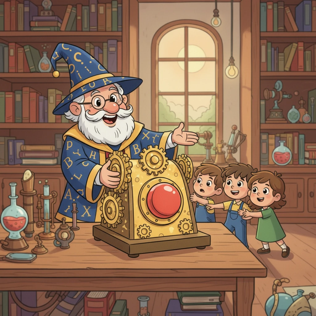 Tira fuori una strana macchina scintillante con ingranaggi e un grande pulsante rosso. "Questa è la mia Macchina Cerca-Nomi!" esclama Maestro Nomi. Invita i bambini a premere il pulsante per iniziare la loro caccia.