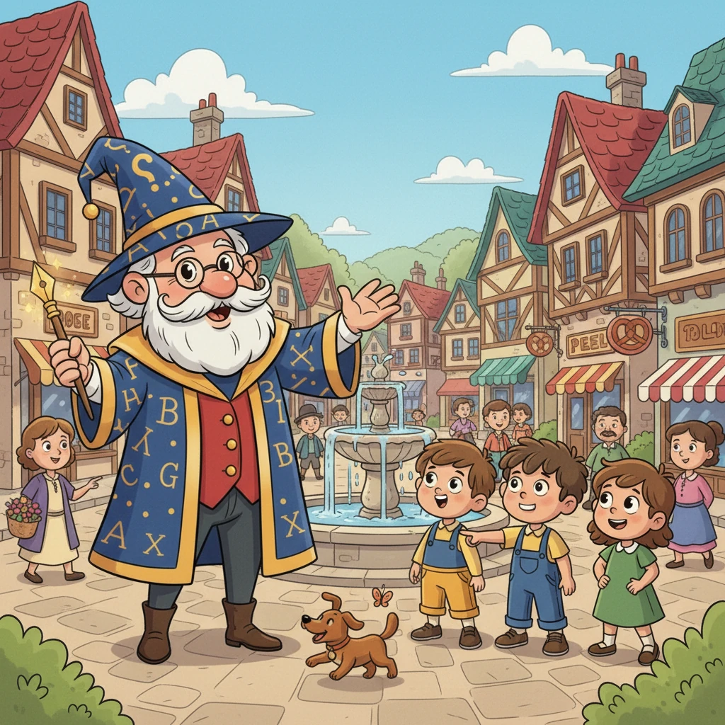 La macchina li trasporta magicamente in una piazza vivace, piena di persone, negozi e animali. I bambini, guidati da Maestro Nomi, indicano entusiasti: "Guardate, una panetteria! Un cane! Un signore! Una fontana!".