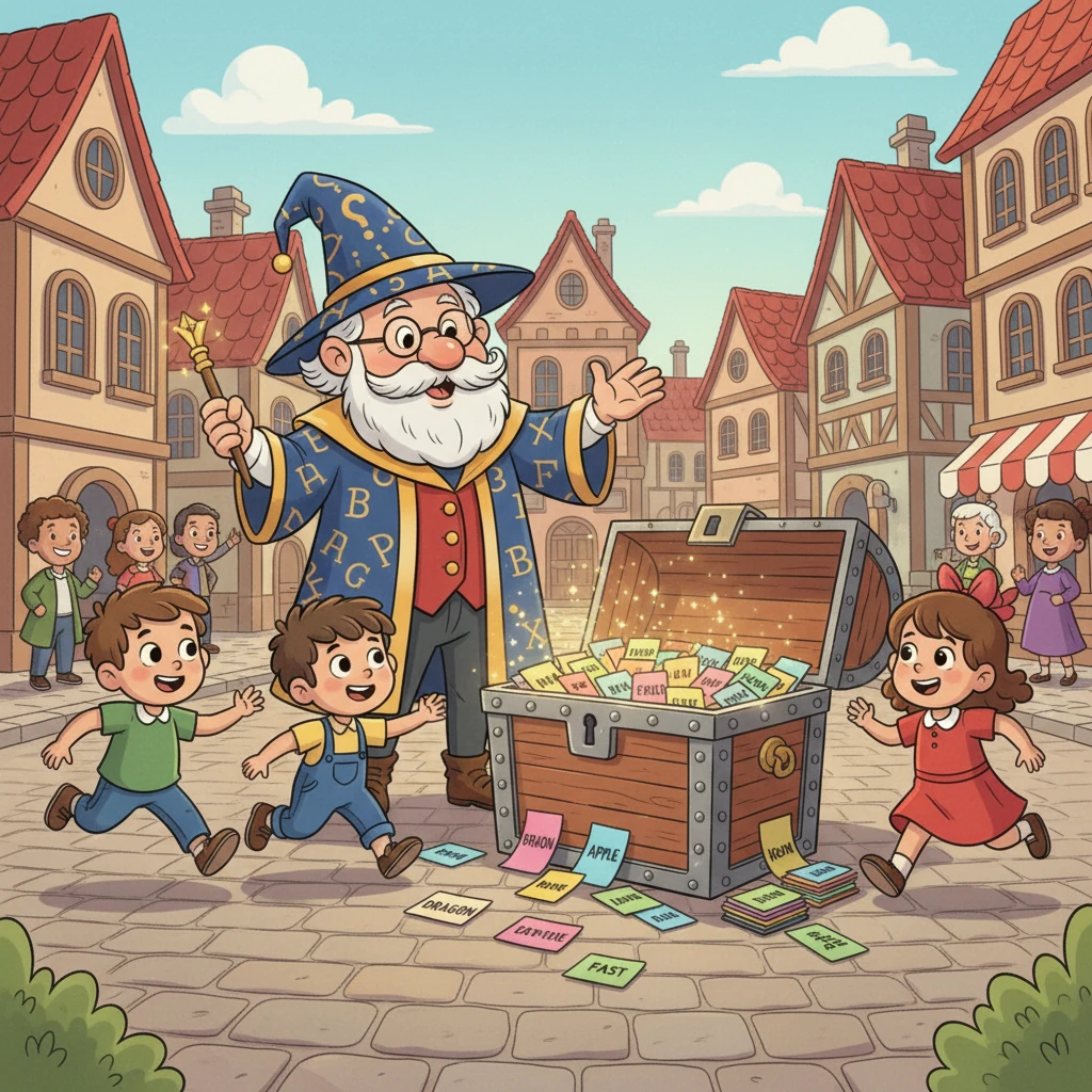 Corrono verso un baule del tesoro scintillante apparso al centro della piazza. All'interno, trovano tantissime parole scritte su bigliettini colorati. Maestro Nomi li aiuta a dividere i nomi dalle altre parole, spiegando la differenza.