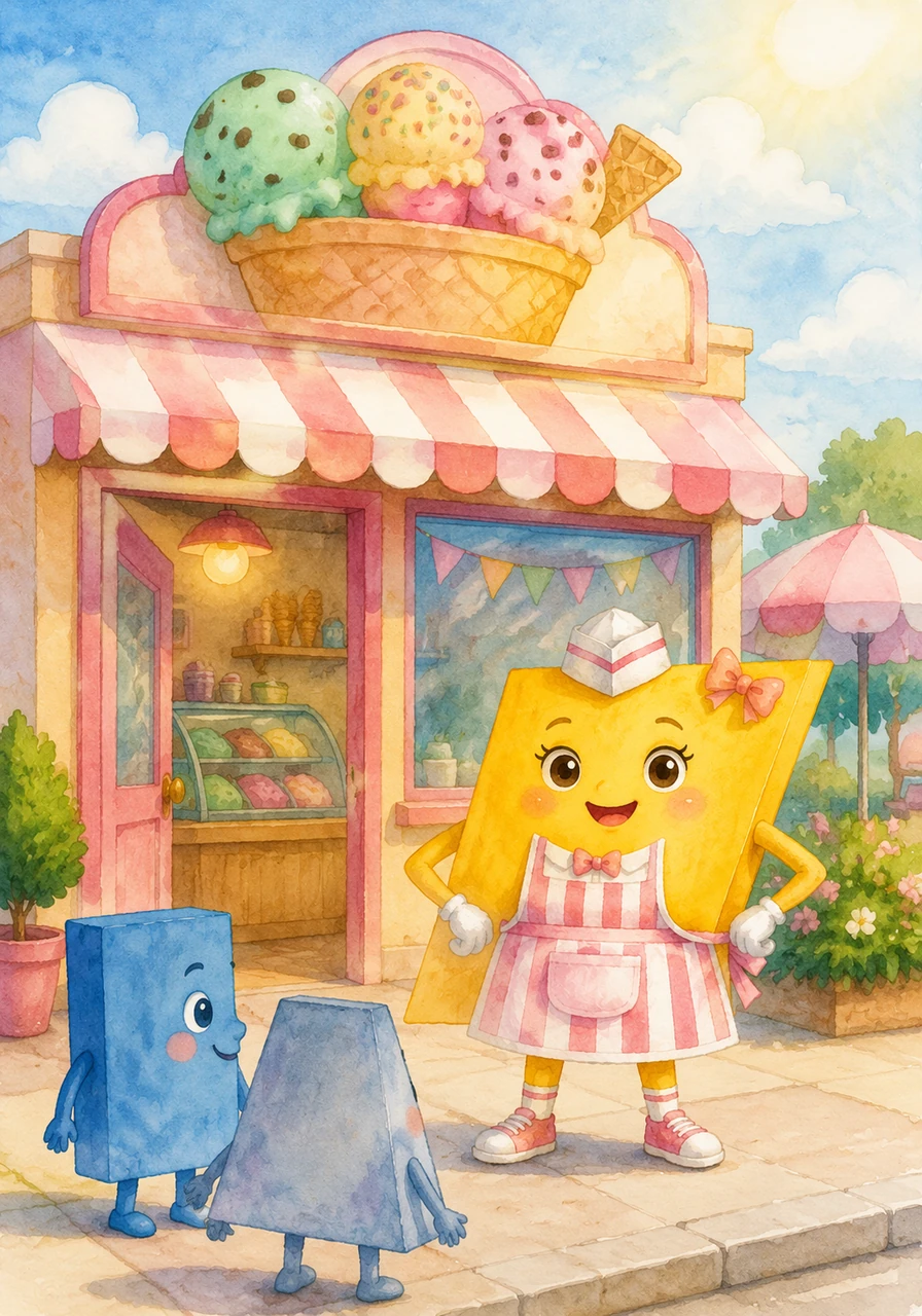 Para, a bright and friendly parallelogram, stands proudly in front of her colorful ice cream shop. The sun shines on the Para’s Polygons sign as she prepares for a busy day of interviews to find a new assistant.