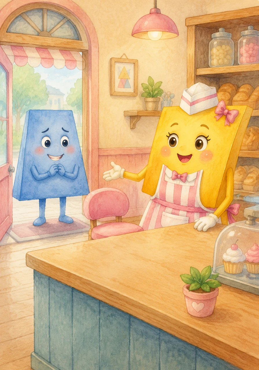 Trap the trapezoid walks into the shop with a nervous smile to start the very first interview. Para greets him warmly, saying, My name is Para, it is so nice to meet you, as she offers him a seat at the counter.