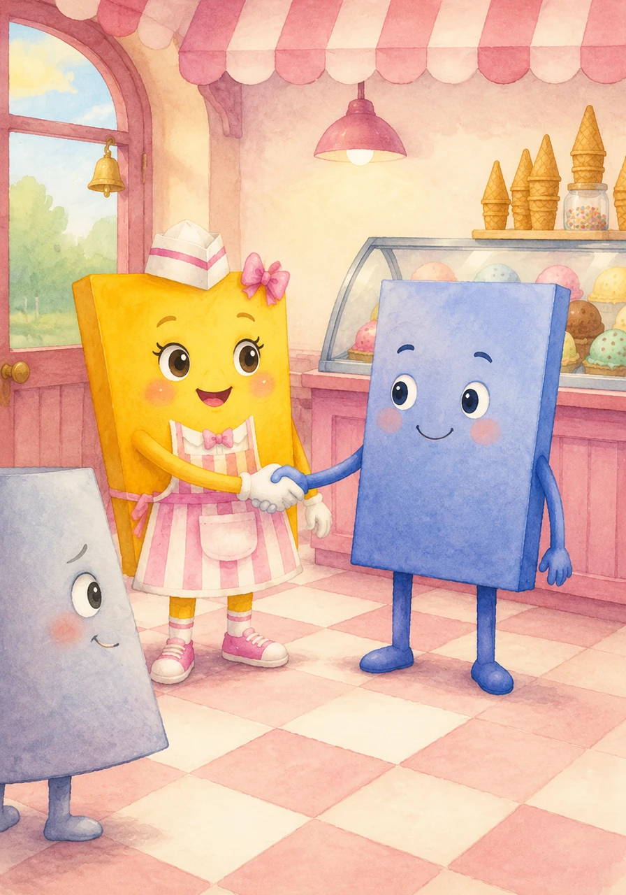 Next, Rec the rectangle enters the shop, looking very sharp and organized with his straight edges. Para introduces herself again, and Rec shakes her hand, ready to show why he is a great fit for the ice cream business.