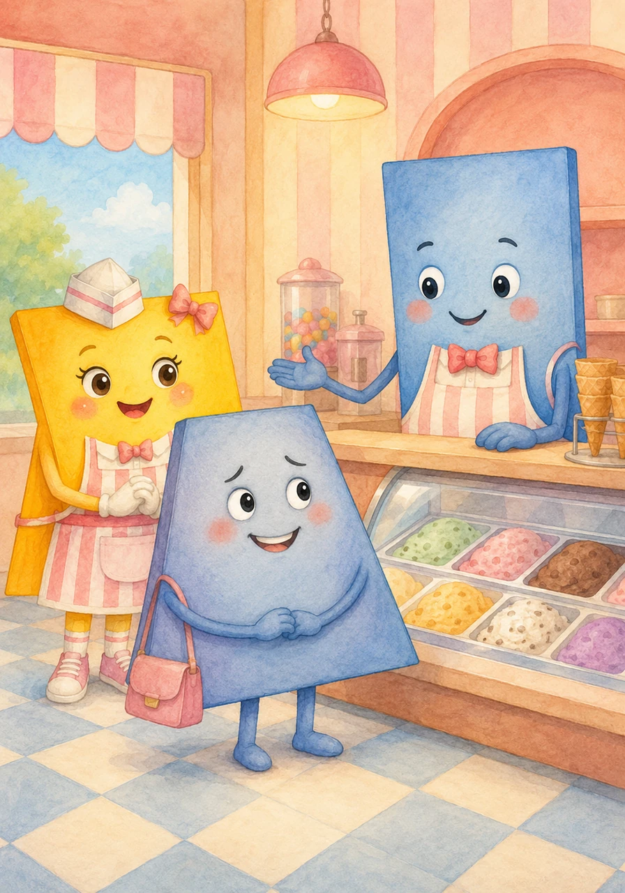 Iso, the isosceles trapezoid, arrives for the final interview with a graceful and balanced presence. Para welcomes her to the ice cream counter, and they begin to discuss the mathematical beauty of their different forms.