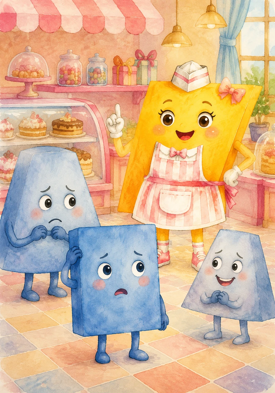 After much thought, Para announces that Trap is hired, leading to a sudden moment of tension and surprise among the candidates. Rec and Iso look disappointed and confused, creating a bit of a geometric conflict in the middle of the colorful shop.