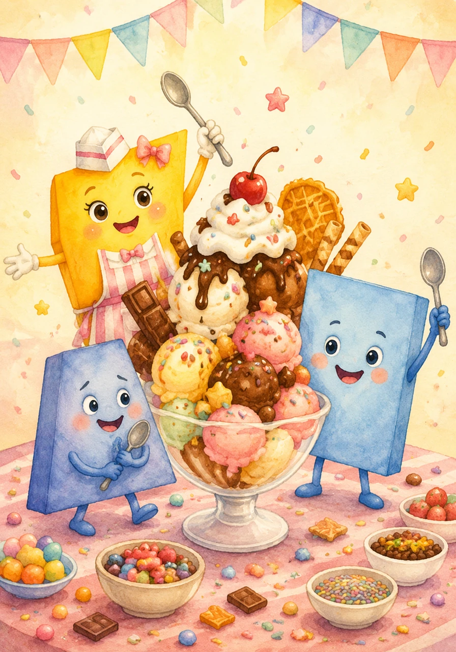 The story concludes with a vibrant back cover illustration showing all the shapes gathered around a giant sundae. Despite the day's drama, they all realize that every shape is important in the wonderful world of Quardials.