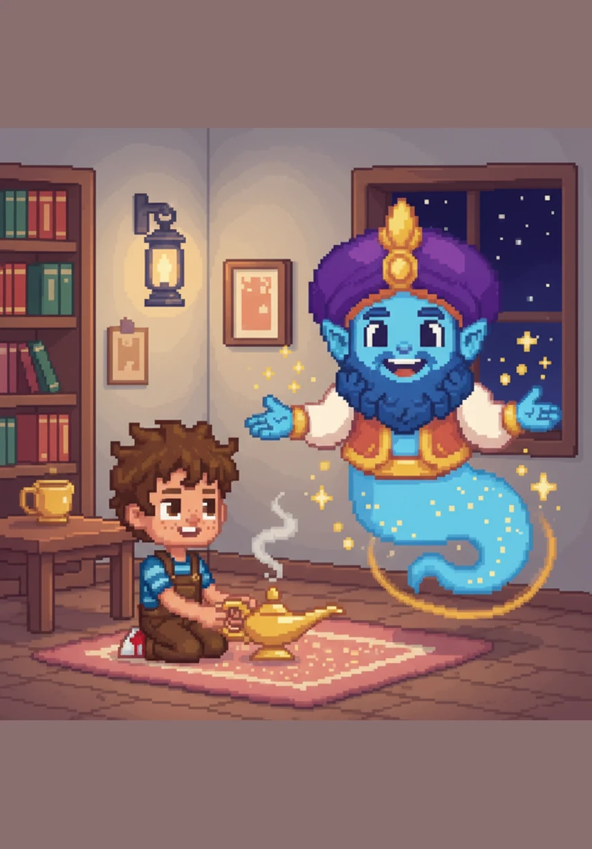 As Adam wonders why his favorite toy won't move, a swirl of magical sparkles appears in the air. A friendly, glowing little genie floats out of the light, smiling warmly as he explains that the car simply needs energy to keep going.