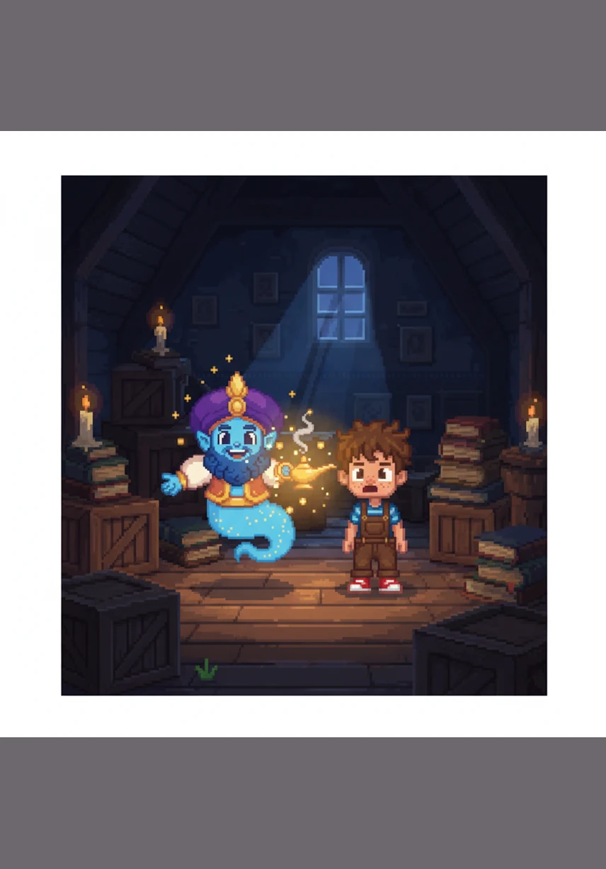 The genie points out the window toward the bright, shining sun high in the blue sky. He tells Adam that almost all energy on Earth begins with the sun, serving as the powerful engine for our entire world.