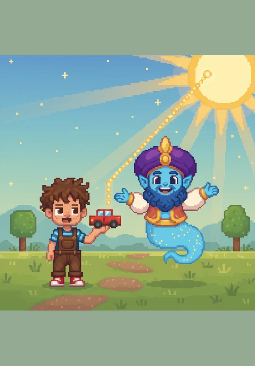 Adam looks at his toy car and then back at the sun, amazed by the secret connection between them. The genie explains that energy flows in a long chain, and humans rely on this golden light for almost everything they do.