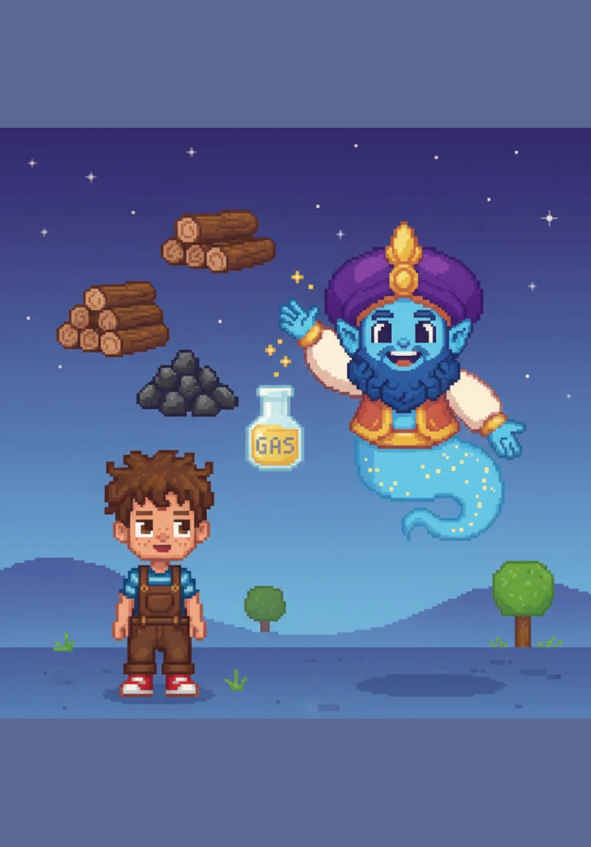 With a wave of his hand, the genie conjures floating images of different fuels like sturdy wood, dark coal, and clear gasoline. He explains that these materials store the energy we need to power our lives and machines.
