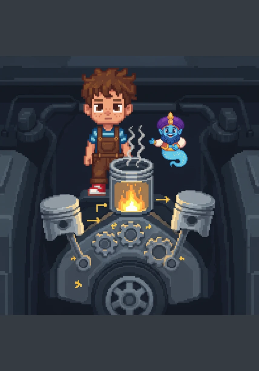 The genie shrinks down to show Adam the inside of a car engine, where gasoline burns with a tiny, controlled spark. He explains how heat energy turns into movement, or kinetic energy, which finally makes the wheels turn.