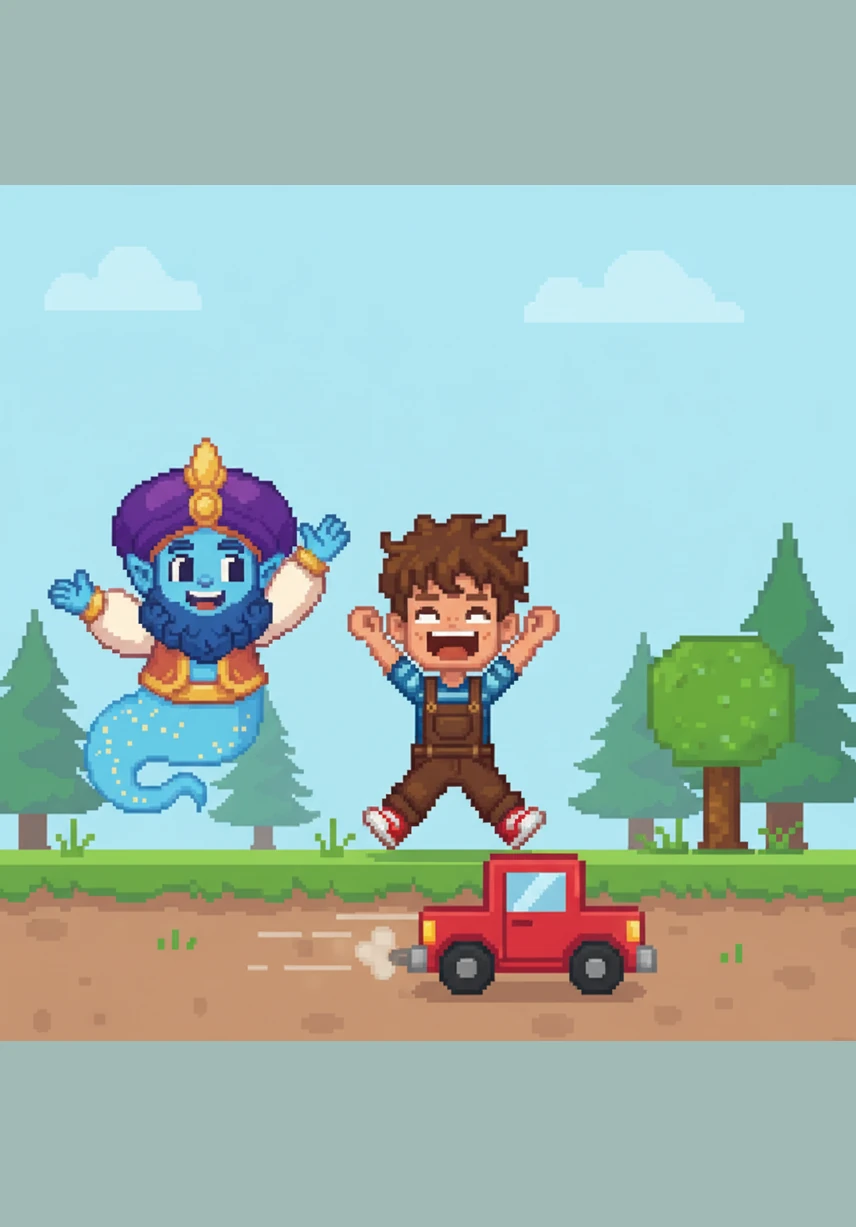 The genie warns that without fuel, the car would stay perfectly still forever, like a statue. Just then, the toy car coughs to life and starts rolling again, making Adam cheer with excitement.