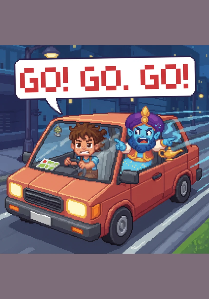 As the car speeds up, the genie reminds Adam that going faster requires even more energy and fuel. He shares a hopeful secret about new cars that use clean solar power to protect our beautiful green planet.