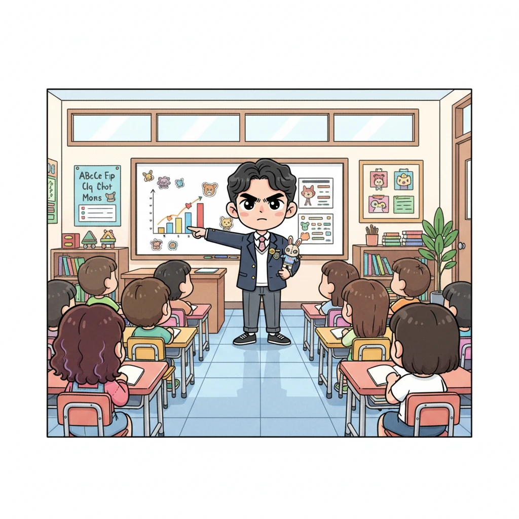 In the bustling classroom, Woojin, the stern-faced class president of 1st grade, 5th class, stands before the whiteboard. His firm lips and sharp gaze project an air of formidable charisma, making students quietly follow his every instruction. Yet, a tiny, almost imperceptible hint of softness flickers in his eyes, a secret known only to him.