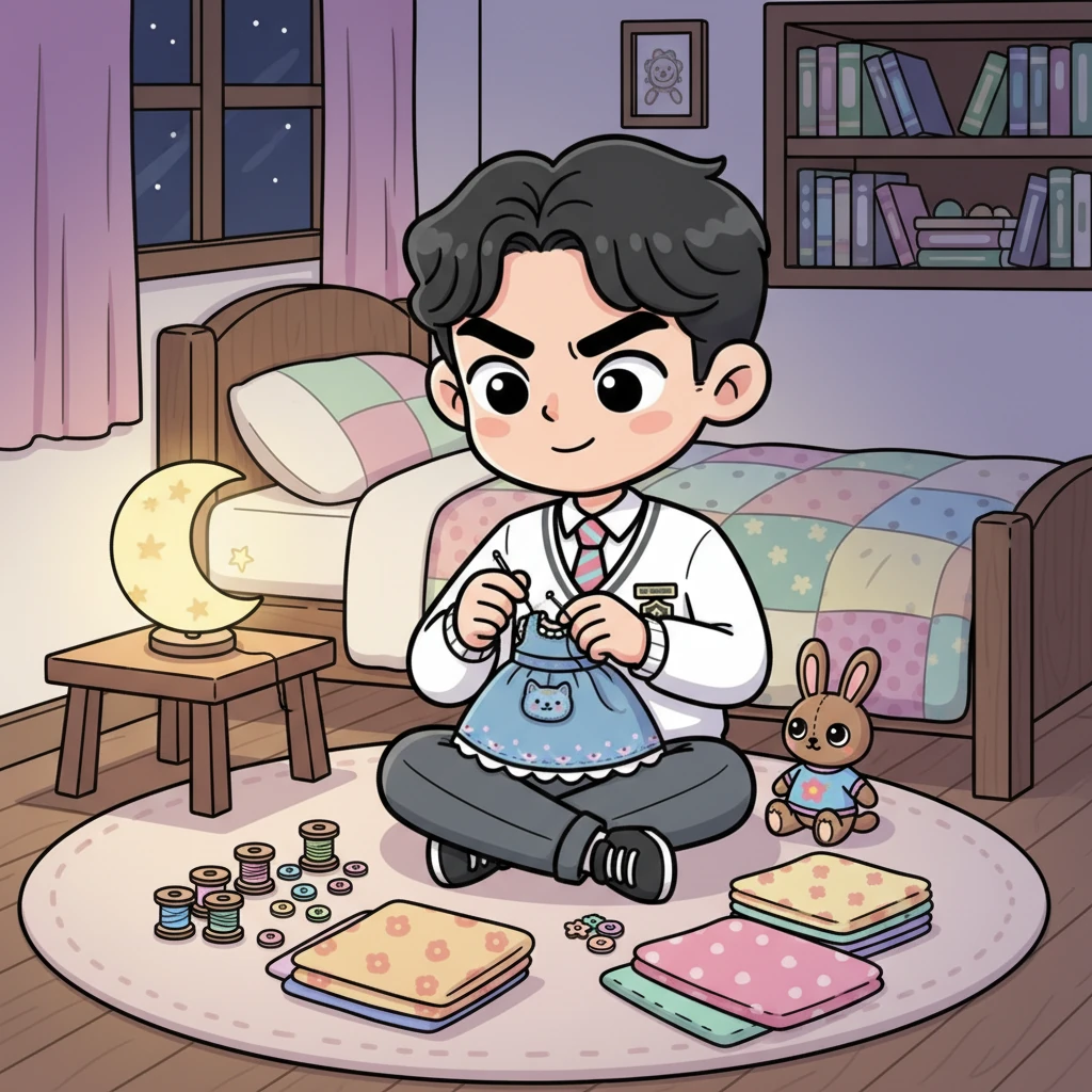 Late at night, in the cozy quiet of his room, Woojin is deeply engrossed in his secret passion. Surrounded by colorful spools of thread, tiny buttons, and an array of soft fabrics, his nimble fingers carefully stitch together a charming doll outfit. The intricate details and vibrant textures reveal a hidden talent far removed from his daytime persona.