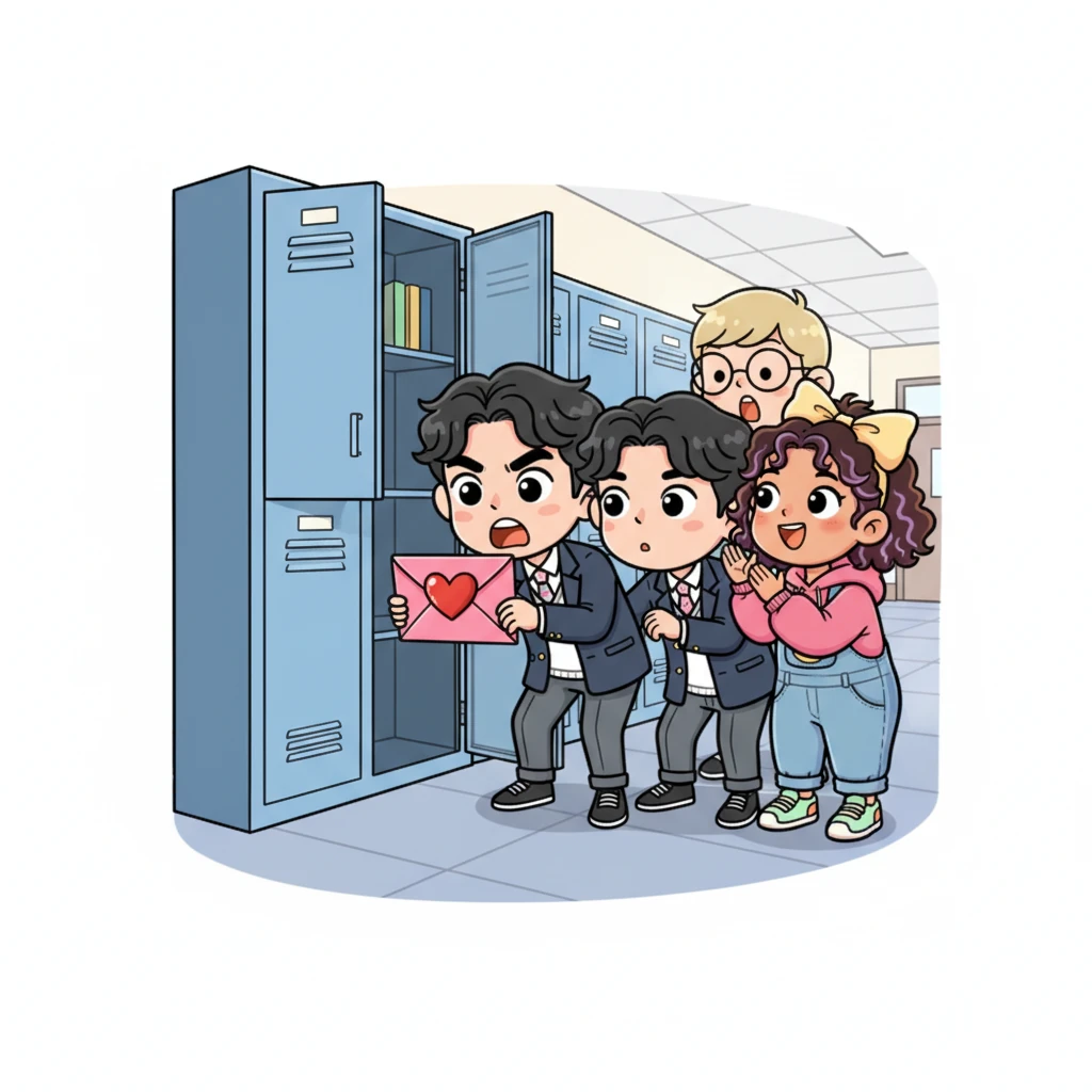 The next morning, a bright pink envelope adorned with a cheerful heart sticker is discovered peeking out from Woojin's slightly ajar locker. A small crowd of curious students quickly gathers, their eyes wide with speculation and excitement. The mysterious letter instantly becomes the day's biggest school sensation, sparking whispers and theories.