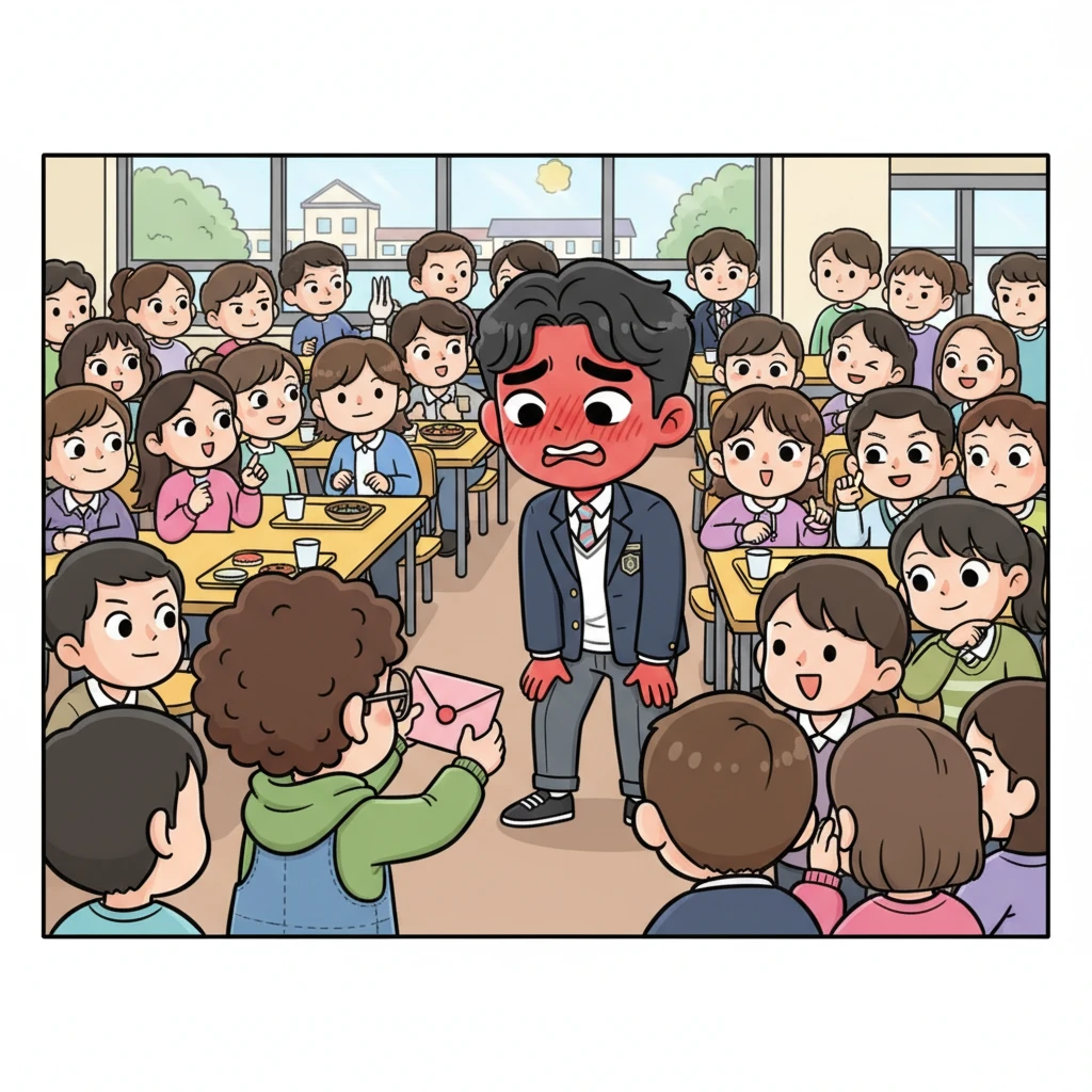 Lunchtime arrives, and the school cafeteria buzzes with an unusual tension as all eyes fixate on a visibly flustered Woojin. His face is a bright shade of red as he stands awkwardly, surrounded by a curious throng of students. One brave student, holding the pink letter aloft, prepares to read its contents aloud, adding to the palpable suspense.