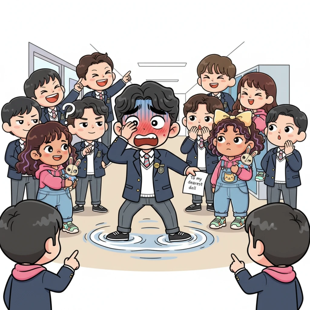 As the letter's words are dramatically announced, the students' eager expressions comically shift to confusion and surprise. Instead of a romantic confession to Ayoung, the letter begins with "To my dearest doll," causing a wave of unexpected laughter and bewildered murmurs. Woojin wishes the floor would simply swallow him whole.