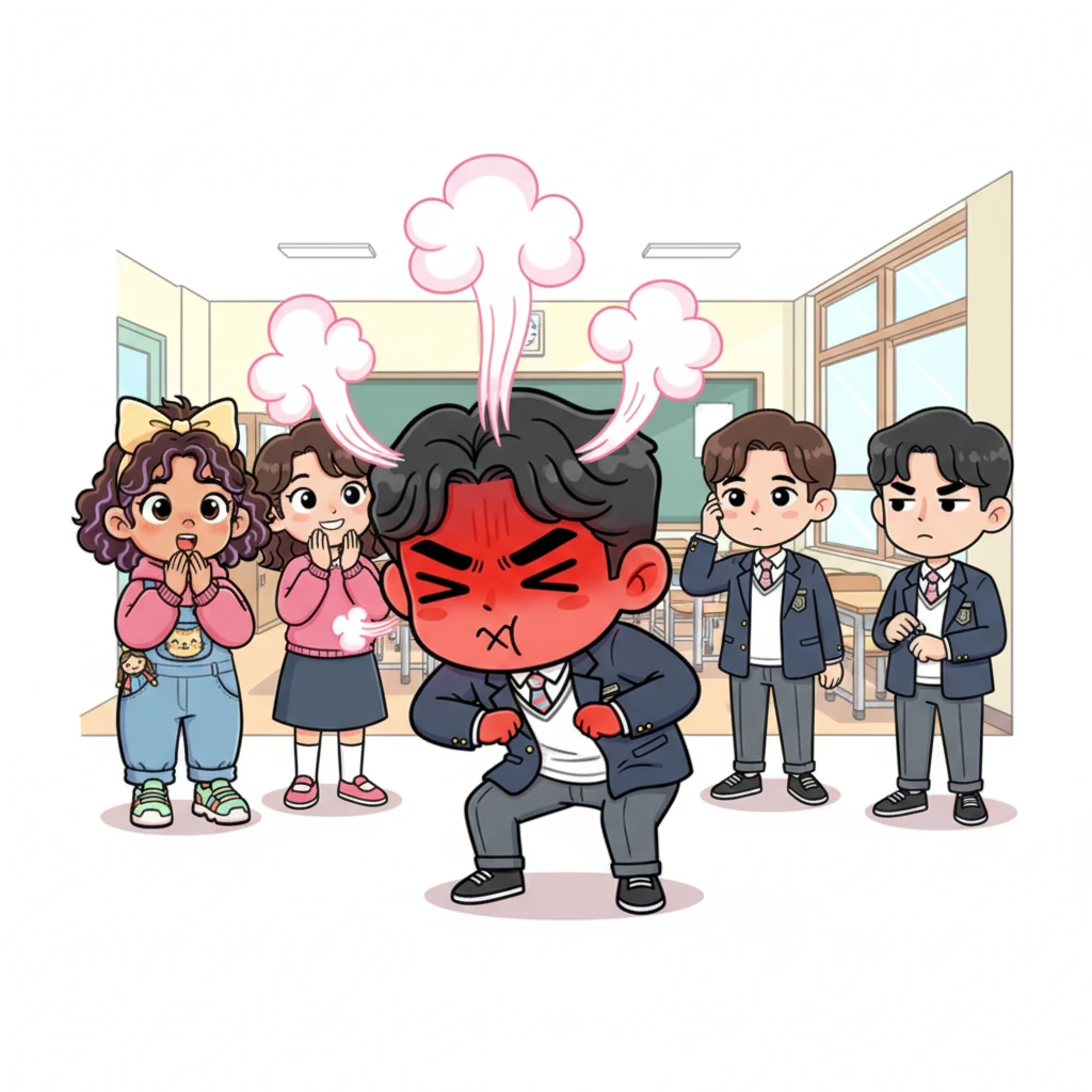 Woojin's embarrassment is overwhelming, causing him to physically shrink and hunch over, his face glowing an intense shade of scarlet. Exaggerated wisps of steam seem to rise from his head as he desperately tries to disappear. His classmates react with a mix of comical amusement and sympathetic awkwardness, unsure how to process the unexpected revelation.