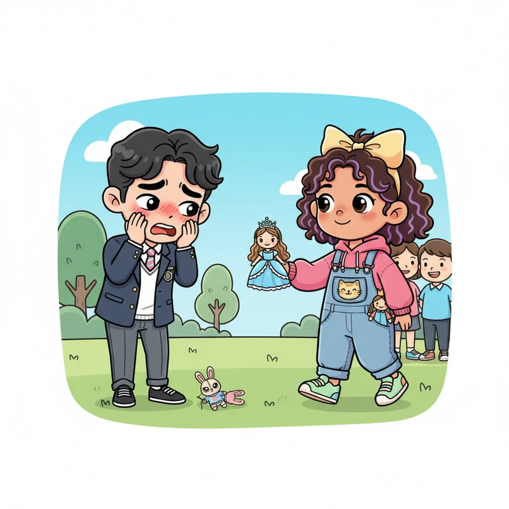 Just then, Ayoung gracefully approaches the mortified Woojin, a gentle smile gracing her lips. In her hand, she holds a beautifully dressed doll, and her eyes are filled with genuine curiosity and warmth. Her calm, understanding presence offers a stark contrast to Woojin's frantic embarrassment, drawing the attention of the now silent onlookers.